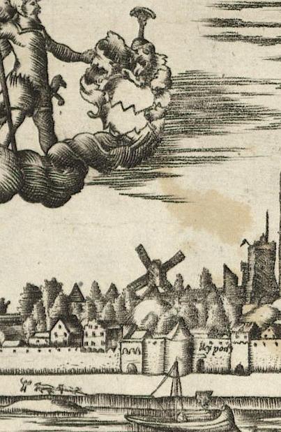 Dreikönigenpforte (links) und Bleipförtchen (rechts),  Michel L. Birboum 1619 (Ausschnitt aus einem Panoramabild)
