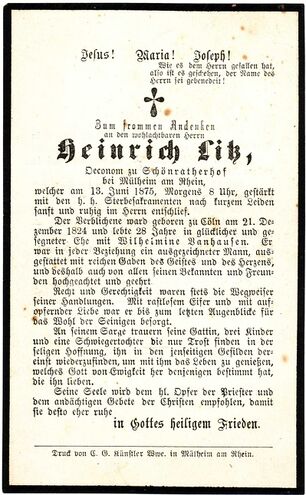 Totenzettel für Heinrich Litz