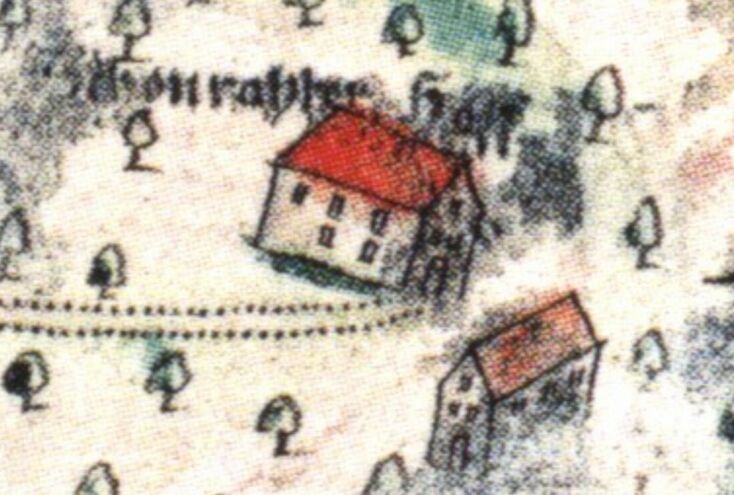 Ausschnitt um Westhofen aus der feld-juristiktionellen Karte Mülheim a.Rh., 1772, rechts unten die Schönrath, symbolisch als Häuser mit roten Dächern